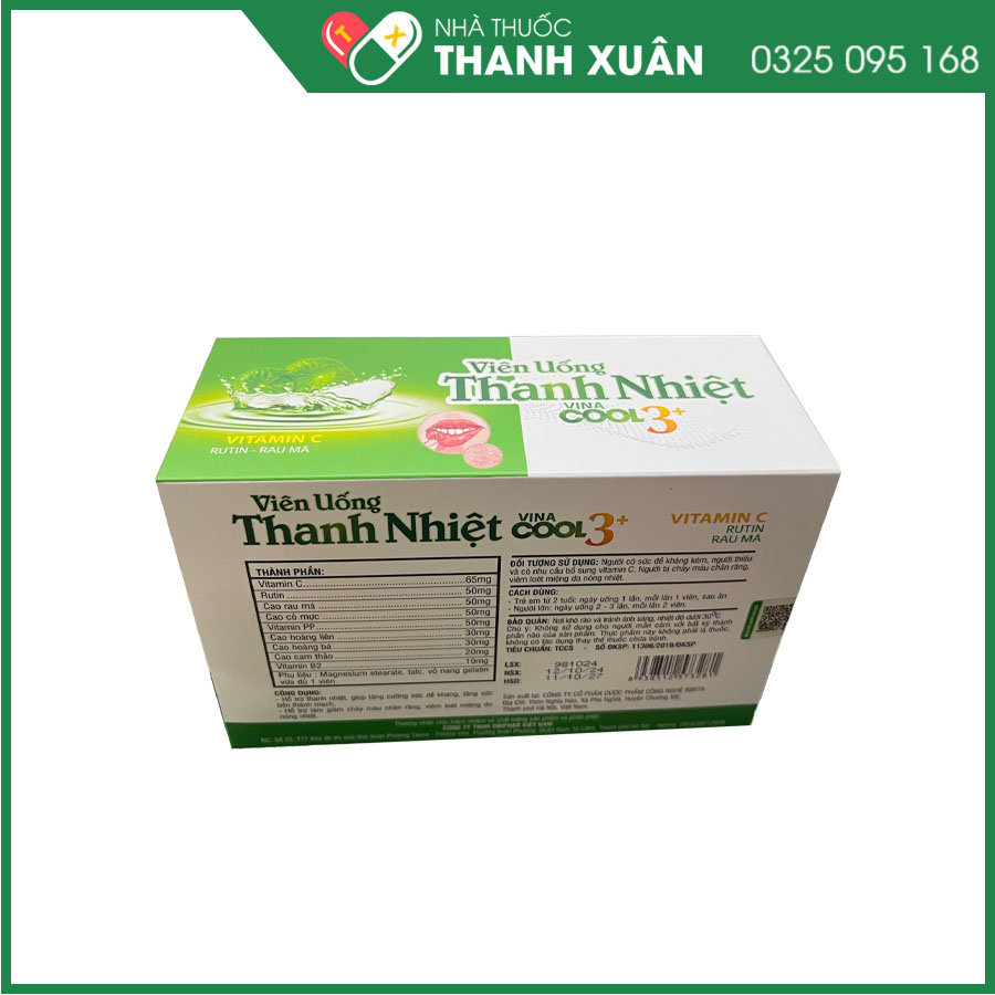 Viên uống Thanh Nhiệt Vina Cool 3+ giúp hỗ trợ thanh nhiệt, tăng cường đề kháng, bền thành mạch